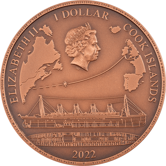 Pièce de 1 dollar Titanic 100 ans en cuivre, Îles Cook 2022