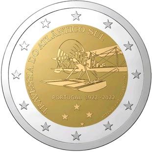 2 €, 100e anniversaire de la traversée aérienne de l'océan Atlantique Sud, Portugal, 2022