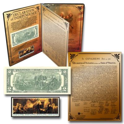 Pièce de monnaie commémorative de la Déclaration d'indépendance des États-Unis, sertie dans une feuille d'or 23 carats