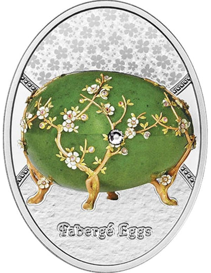 Pièce de 1 $ Fabergé représentant un œuf de pommier en fleurs, argent 999, New York Crystal 2024