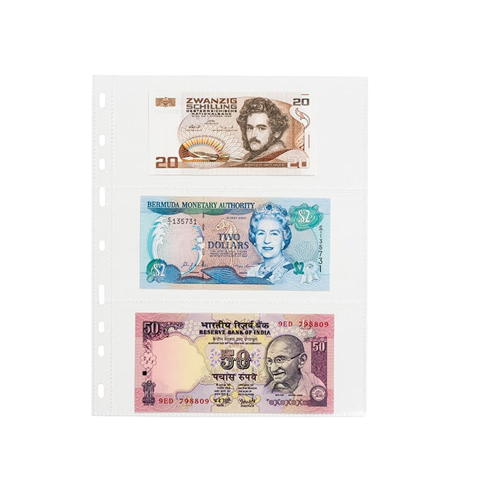 Pages transparentes pour album de billets Optima – 50 pièces – 3 emplacements
