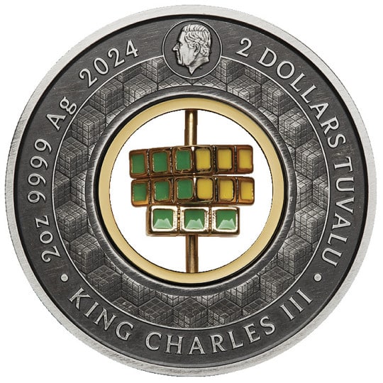 Pièce de collection Rubik's Cube en argent antique de 2 oz, Tuvalu 2024