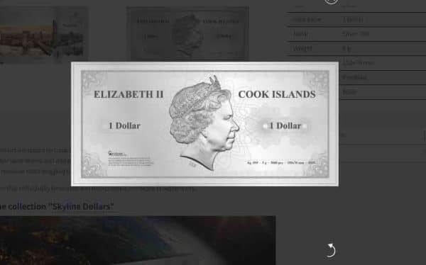 Billets de banque en argent 999, collection Skyline des Îles Cook, 1 $