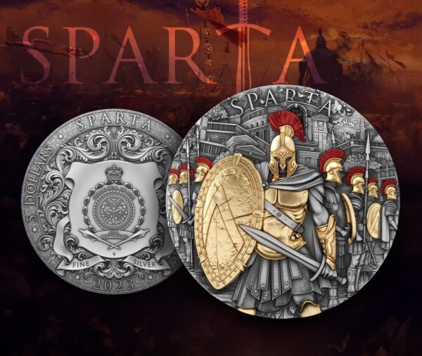 TEΛEYTAIO ! Pièce de SPARTE 2 oz Argent 999 Plaqué or haut relief 2023