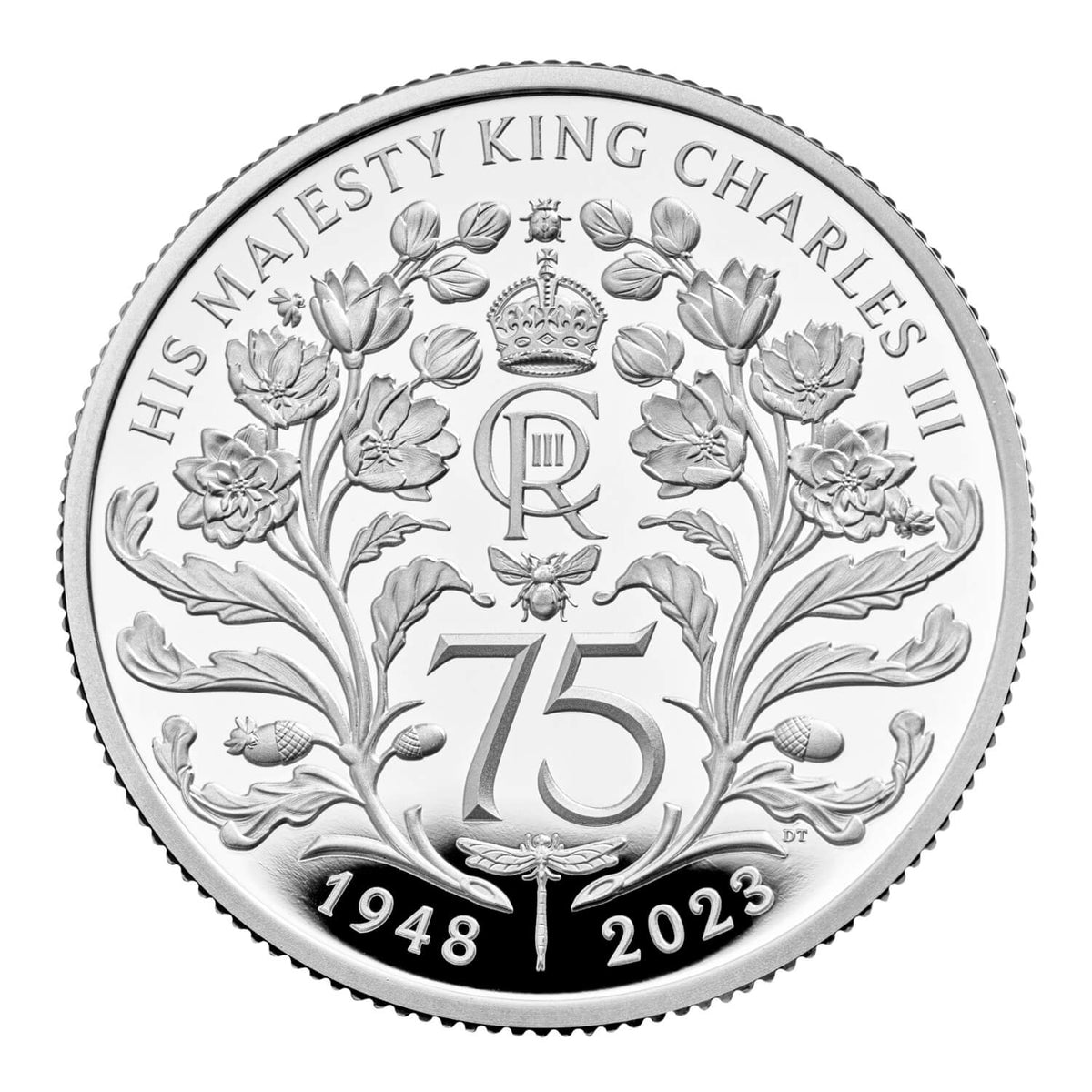 Pièce commémorative du 75e anniversaire du roi Charles III, en argent pur (1/2 oz), d'une valeur de 1 £ (Royaume-Uni, 2023).