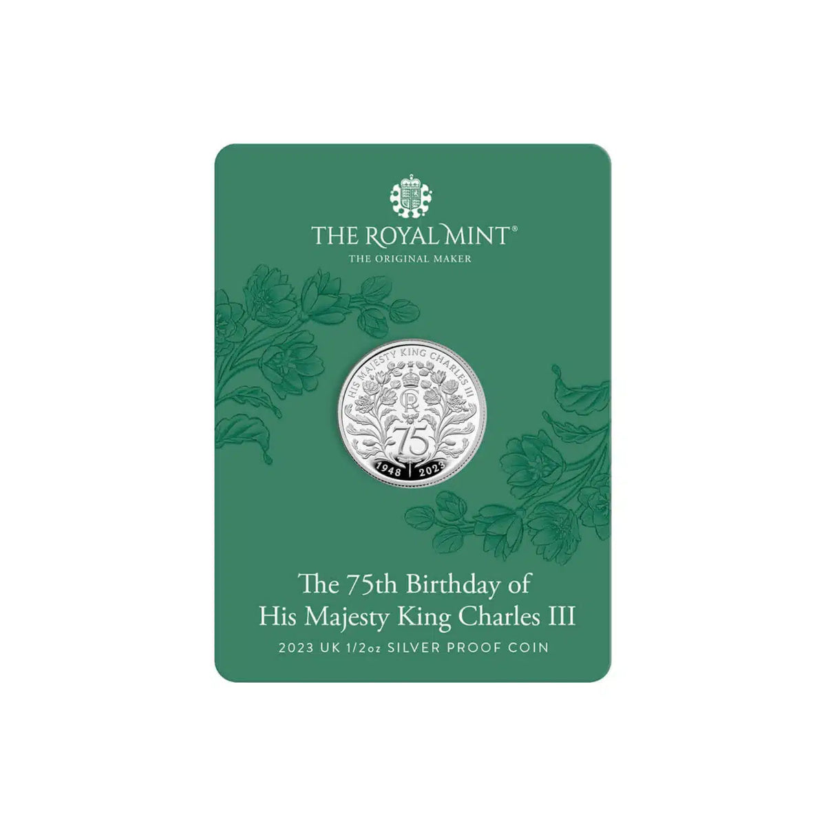 Pièce commémorative du 75e anniversaire du roi Charles III, en argent pur (1/2 oz), d'une valeur de 1 £ (Royaume-Uni, 2023).