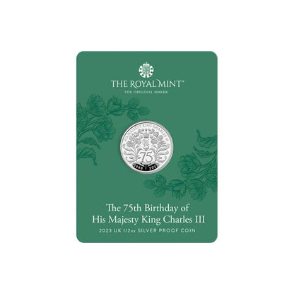 Pièce commémorative du 75e anniversaire du roi Charles III, en argent pur (1/2 oz), d'une valeur de 1 £ (Royaume-Uni, 2023).