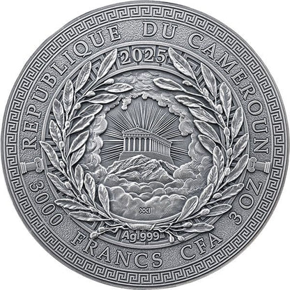 Pièce d'argent 3 oz « Zeus », finition antique, 3 000 francs CFA, Cameroun 2025